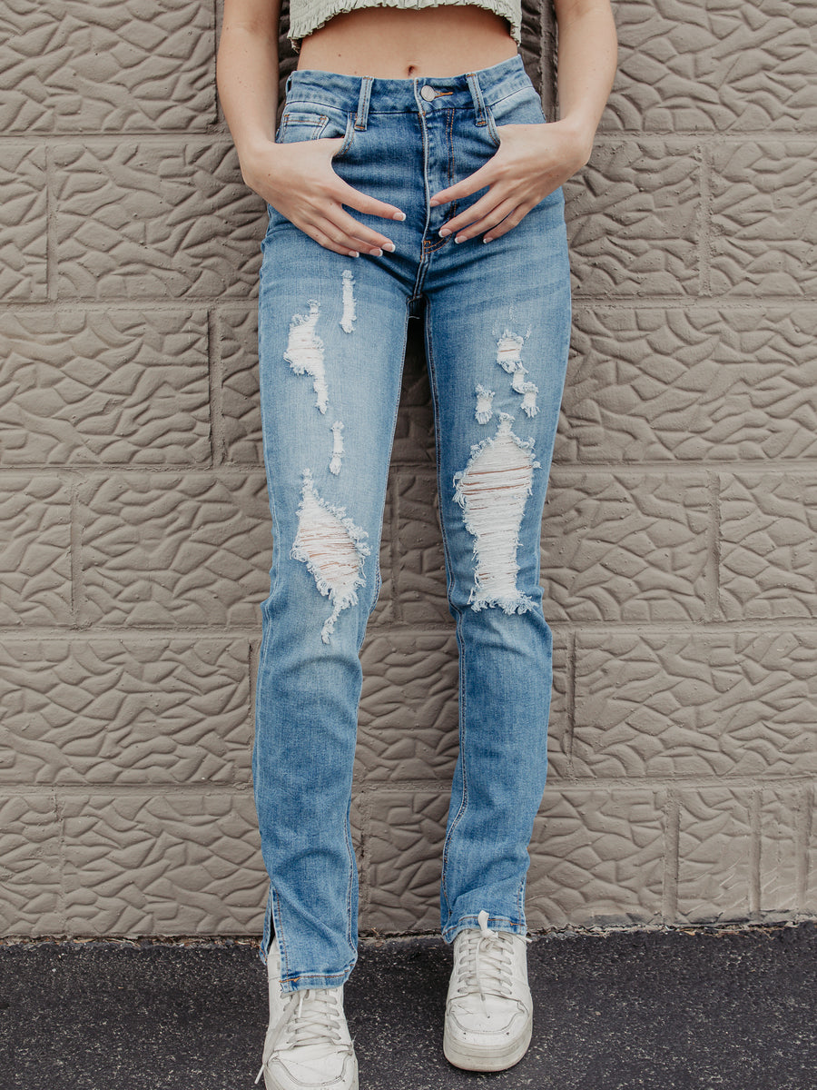 Top Tier Hagar Slit Distressed Jeans