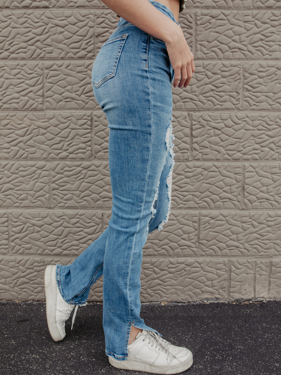 Straight Leg Jeans for Women Ripped Distressed Slit High Waist
