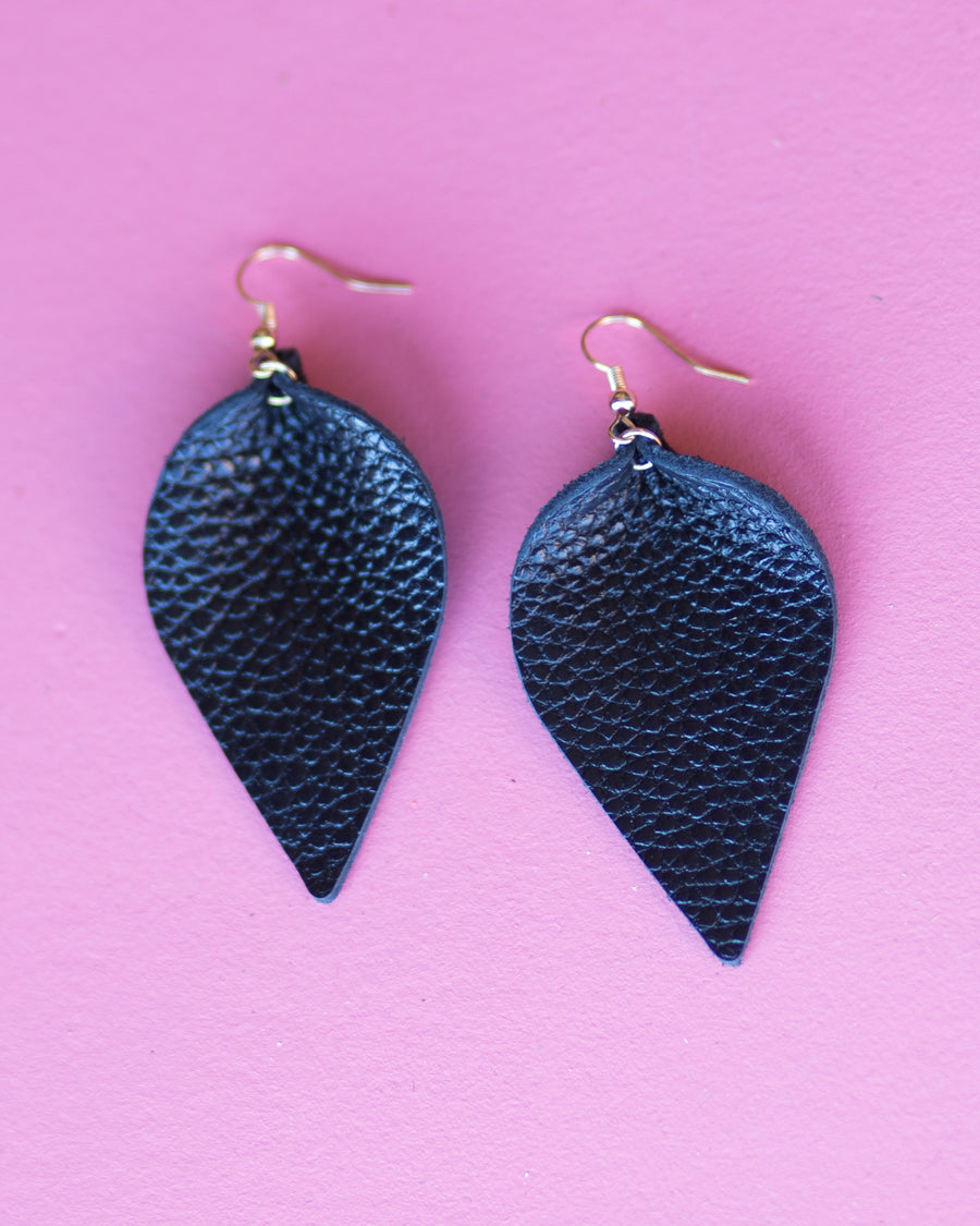 Leather Leaf Earrings- Black