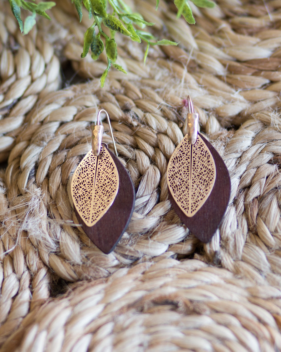 Wooden Leaf Earrings- Dark Brown