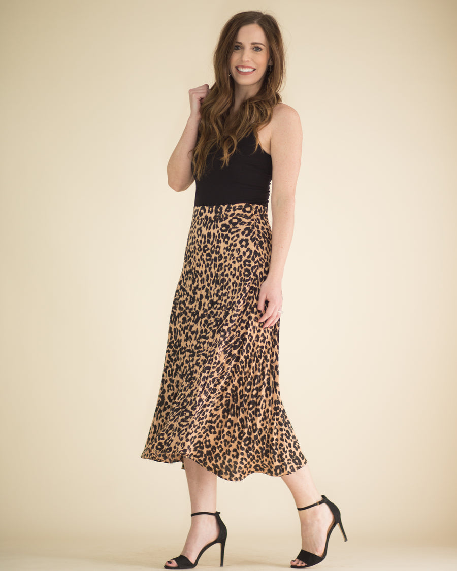 Pleated Leopard Midi Skirt